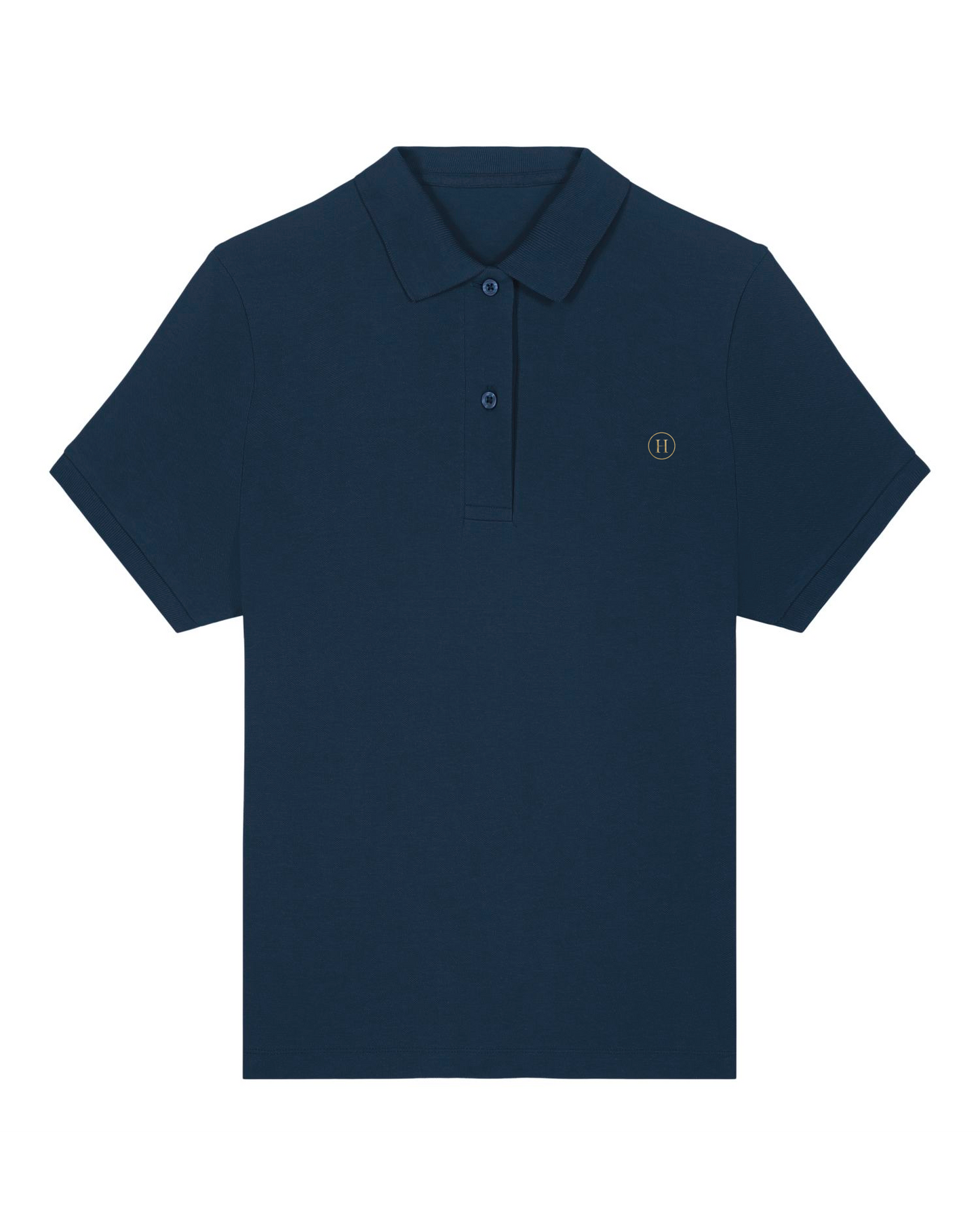 Navy blue polo shirt with a small logo on a white background
