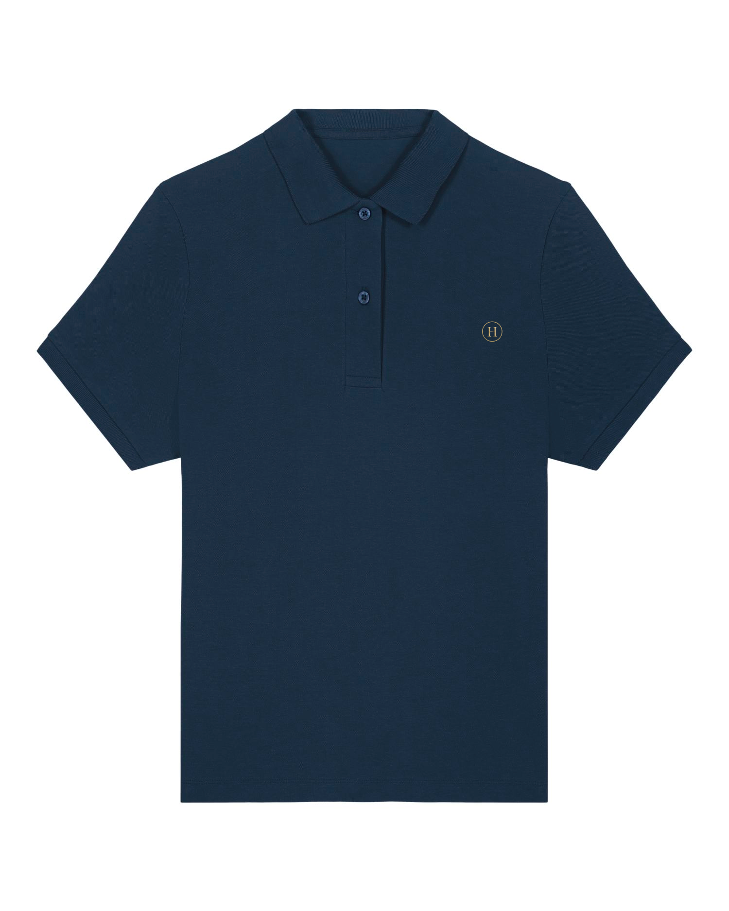 Navy blue polo shirt with a small logo on a white background
