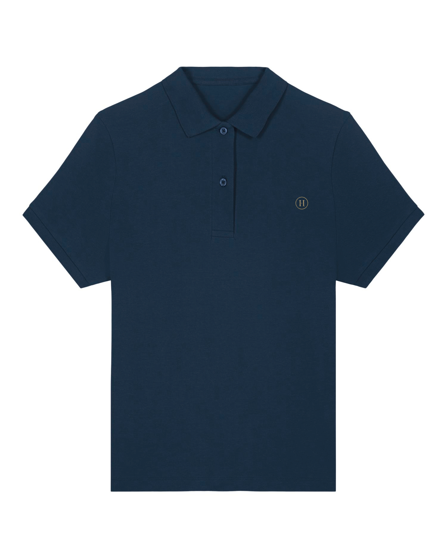 Navy blue polo shirt with a small logo on a white background