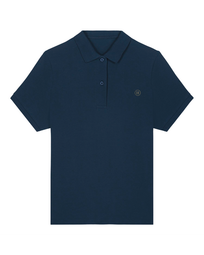 Navy blue polo shirt with a small logo on a white background