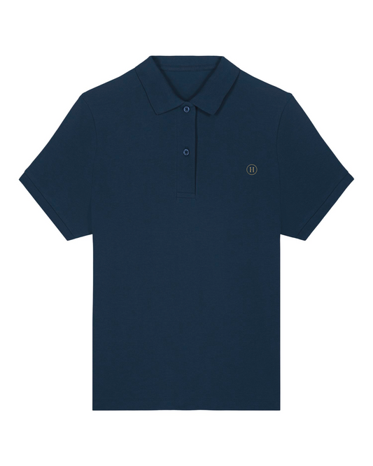 Navy blue polo shirt with a small logo on a white background
